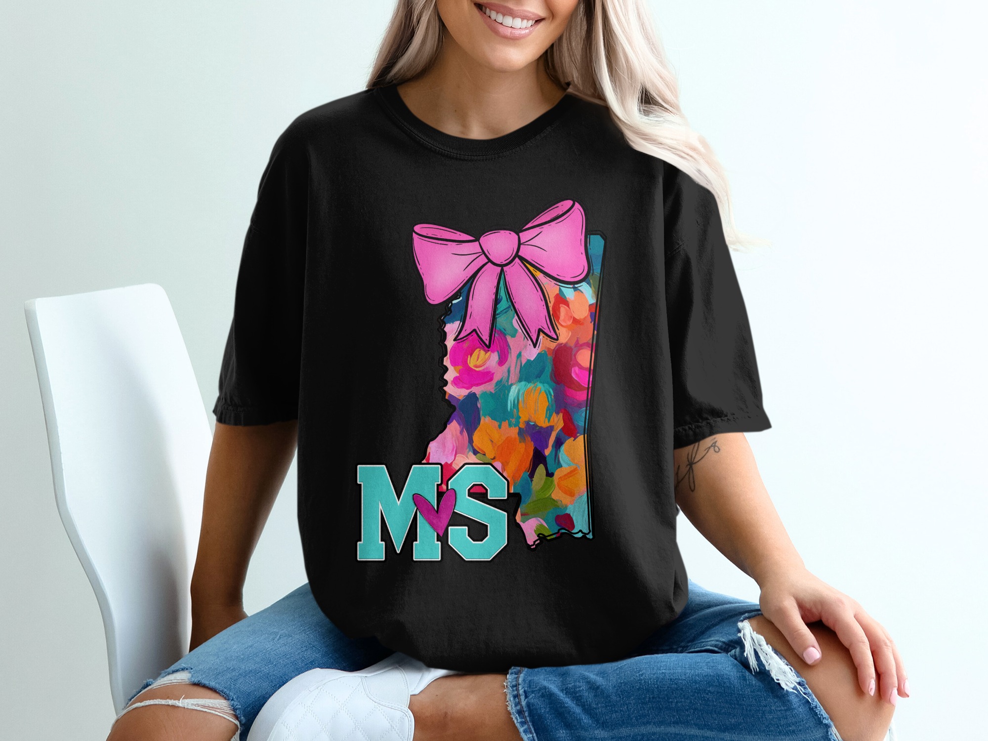 Mississippi Floral Bow T-Shirt, MS State Pride, Southern Charm, Colorful Design, Unique T Shirt, Gift Idea, Artsy Tee - Image 2