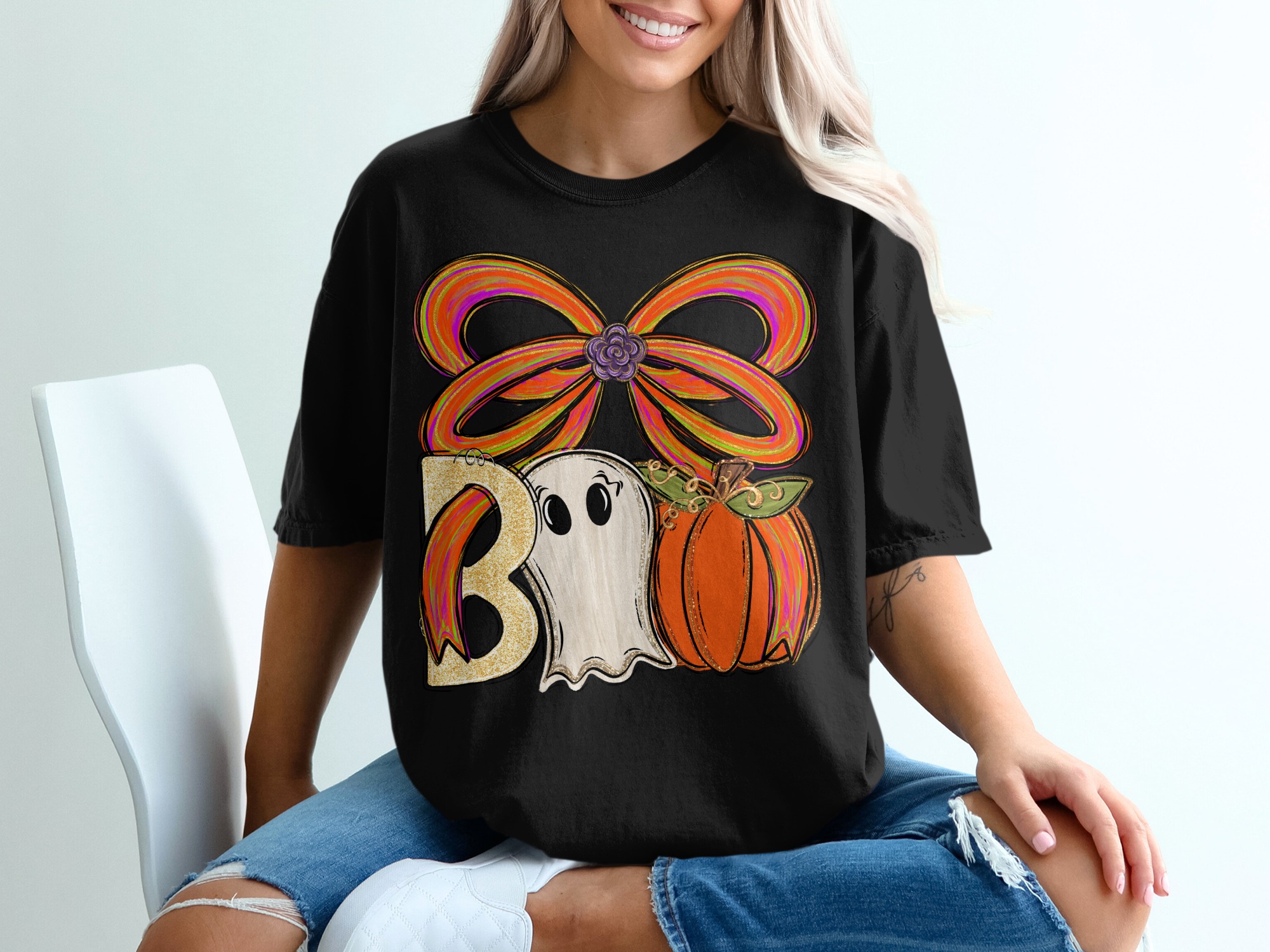 Boo T-Shirt, Halloween Shirt, Spooky Season Tee, Cute Ghost T Shirt, Pumpkin Shirt, Ribbon Bow Tee, Autumn Shirt, Fall Vibes Top - Image 2