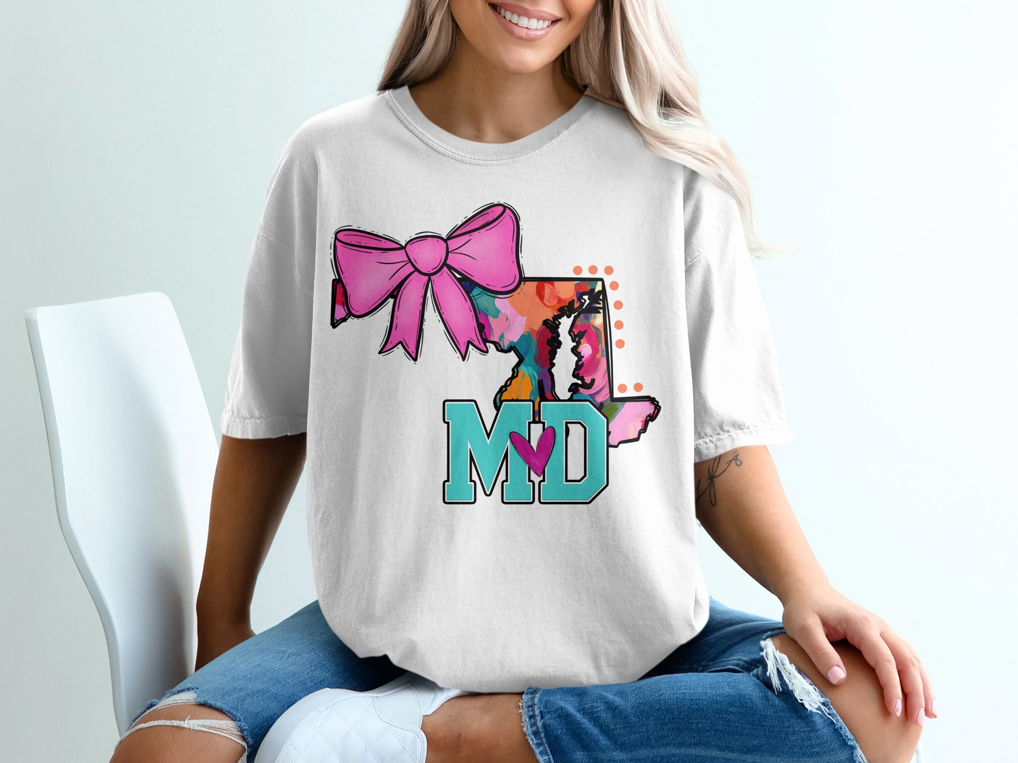 Maryland State T Shirt with Bow, MD Love Heart Tee, State Pride Shirt, Maryland Lover Gift, Home State Tee, Maryland Apparel