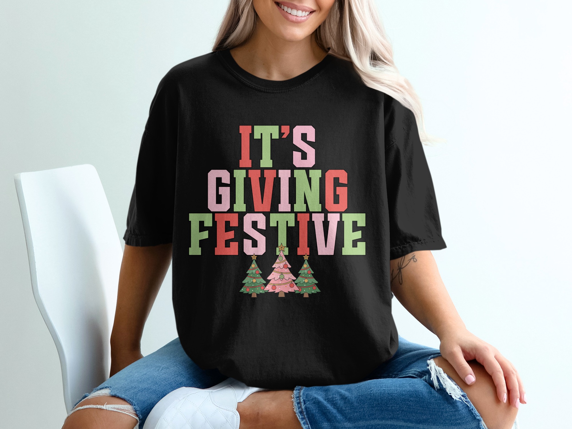 Its Giving Festive T-Shirt, Christmas Vibes Shirt, Holiday Season Apparel, Festive Outfit, Christmas Trees Design - Image 2