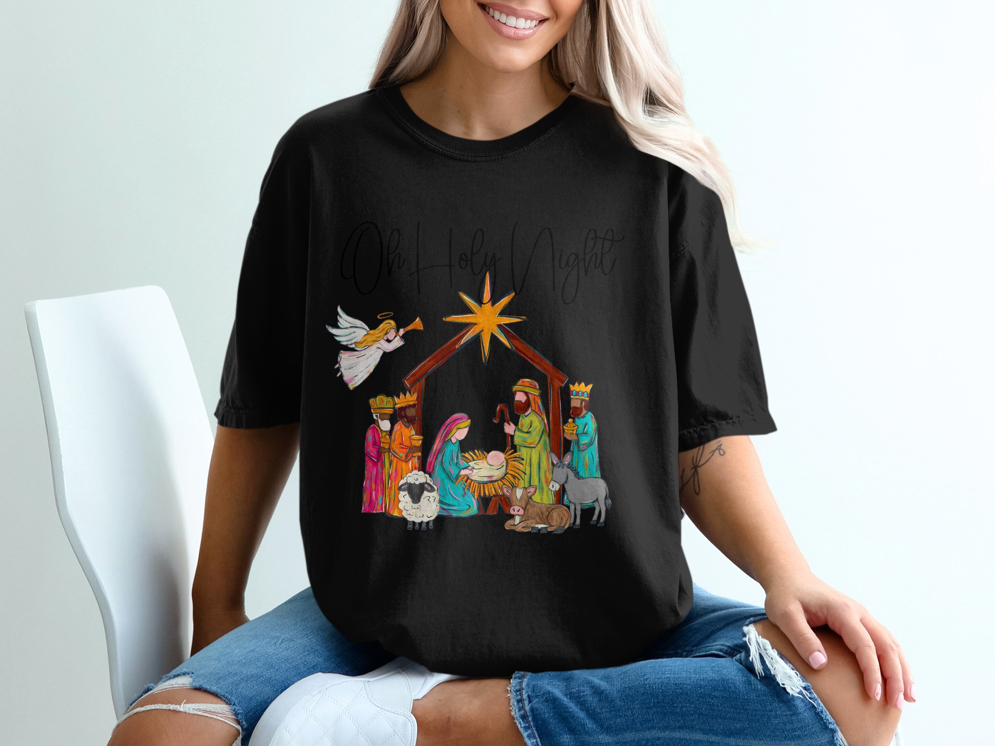 Oh Holy Night T-Shirt, Nativity Scene, Christmas Gift Tee, Religious Christmas TShirt, Christmas Nativity, Angel T-Shirt, Christian Shirt - Image 2