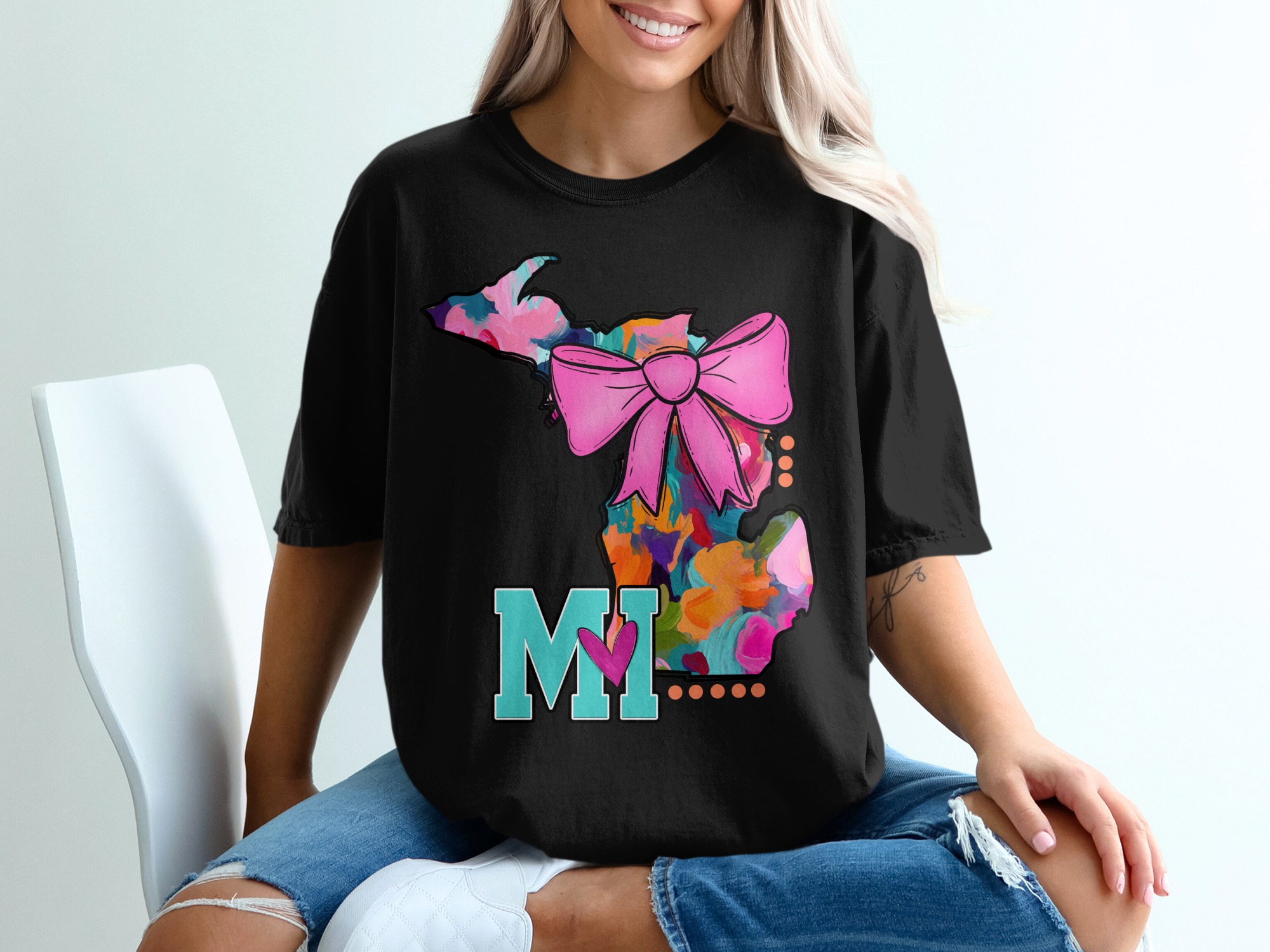Michigan State Pride T-Shirt, Floral State, MI Love Heart T-Shirt, Home State Tee, Gift For Michigander, Colorful State Bow Shirt - Image 2