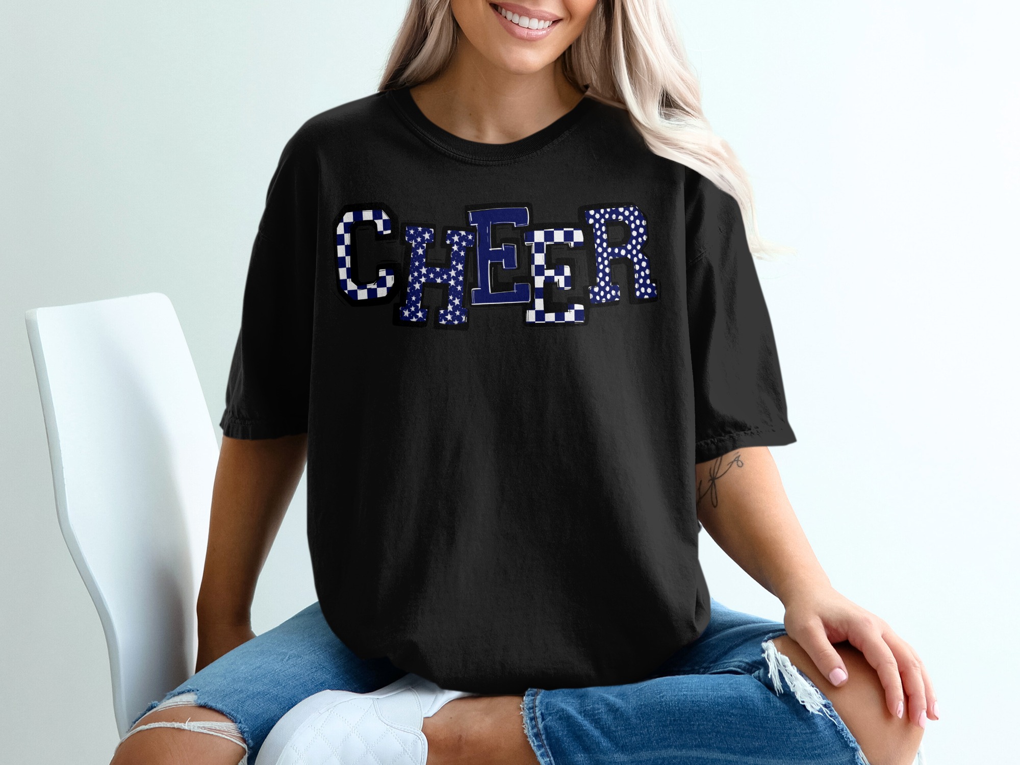 Cheer T-Shirt, Cheerleading Shirt, Spirit Wear, Team Cheer Tee, Game Day Shirt, Cheerleader Gift, Blue and White Cheer Design, Sports Tee - Image 2