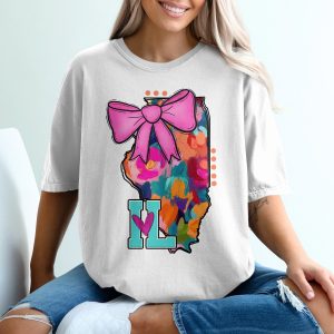Illinois T Shirt, Floral State, Pink Bow, Home State Shirt, Colorful Design, Unique State Tee, Gift for Illinois Native, Custom T-Shirt