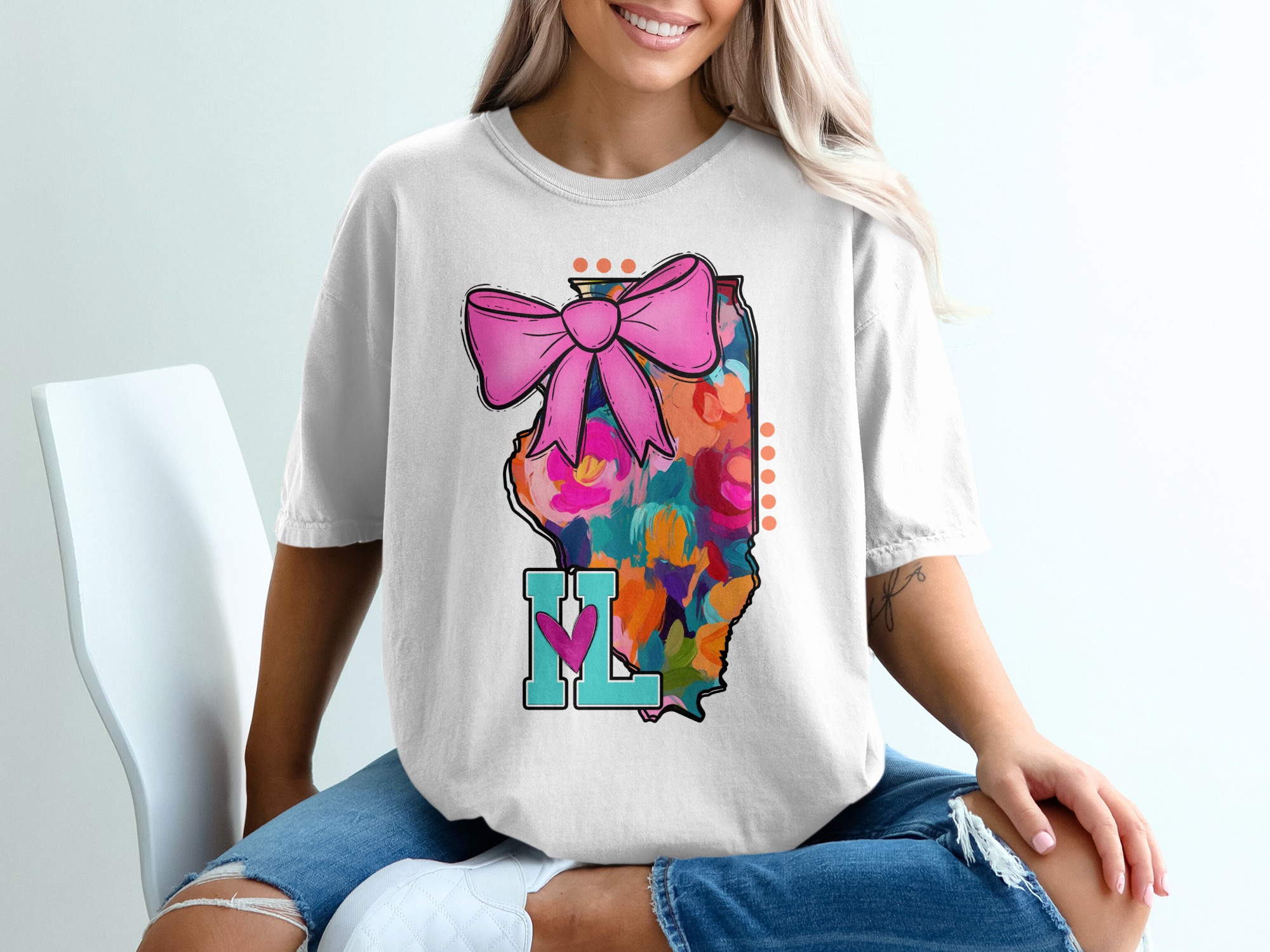 Illinois T Shirt, Floral State, Pink Bow, Home State Shirt, Colorful Design, Unique State Tee, Gift for Illinois Native, Custom T-Shirt