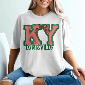 PERSONALIZED Kentucky Louisville T-Shirt, KY State Outline, Applique Style Tee, Striped Letters, Holiday Bow Design, Gift T-Shirt