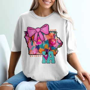 Iowa T-Shirt, Floral State Tee, Pink Bow Shirt, Cute Iowa Shirt, IA State T Shirt, Iowa Gift, Graphic Tee, USA Travel Shirt