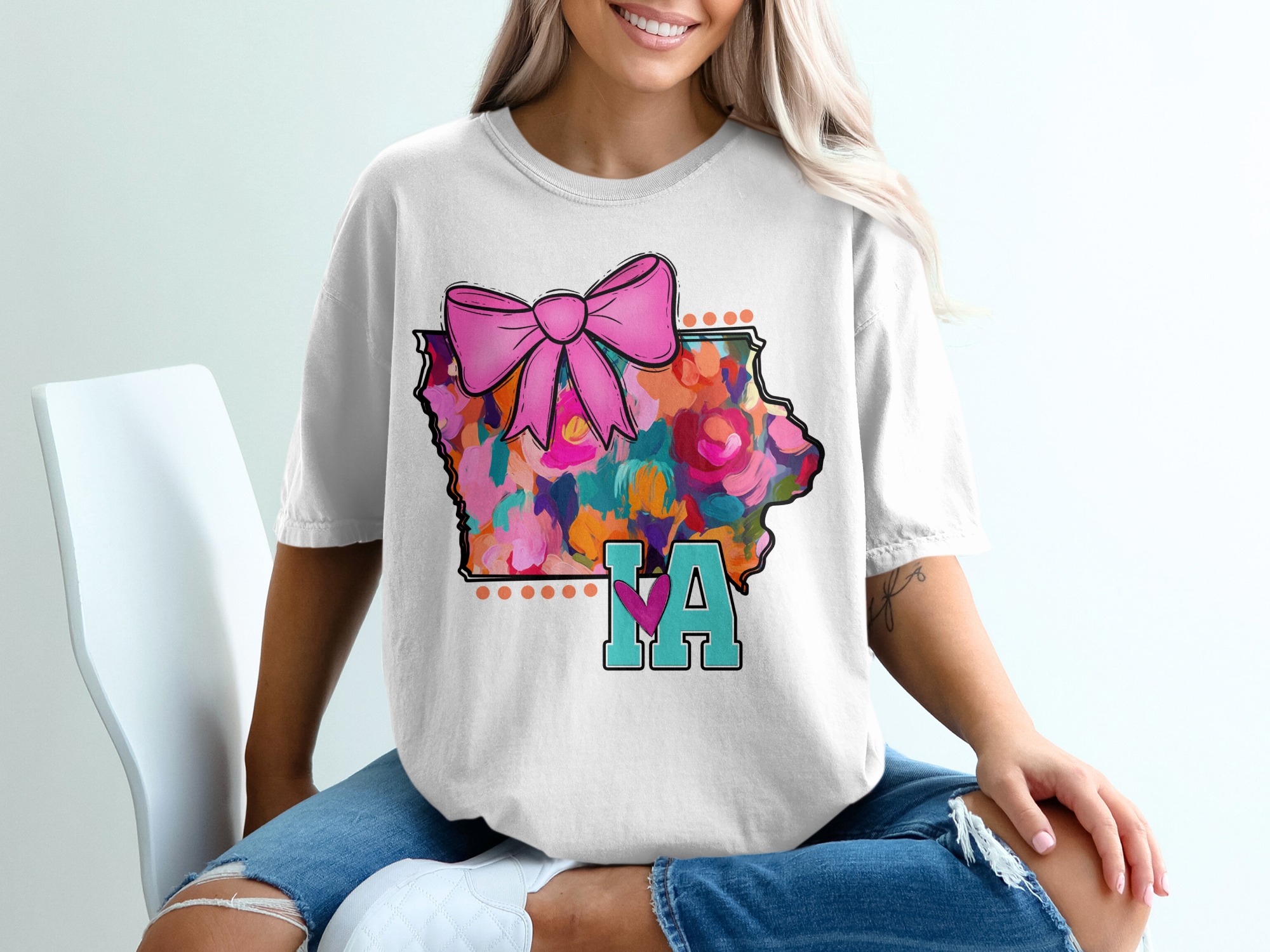 Iowa T-Shirt, Floral State Tee, Pink Bow Shirt, Cute Iowa Shirt, IA State T Shirt, Iowa Gift, Graphic Tee, USA Travel Shirt