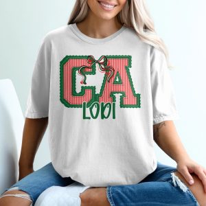 PERSONALIZED California Lodi T-Shirt, CA Collegiate Applique Design, Festive Christmas Holiday Stripes Bow Tee, Custom Team Spirit Top