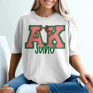 PERSONALIZED Alaska Juno T-Shirt, Alpha Kappa Alpha Inspired Collegiate Tee, Custom Greek Letters Applique Patch Style, Red Green Bow Design