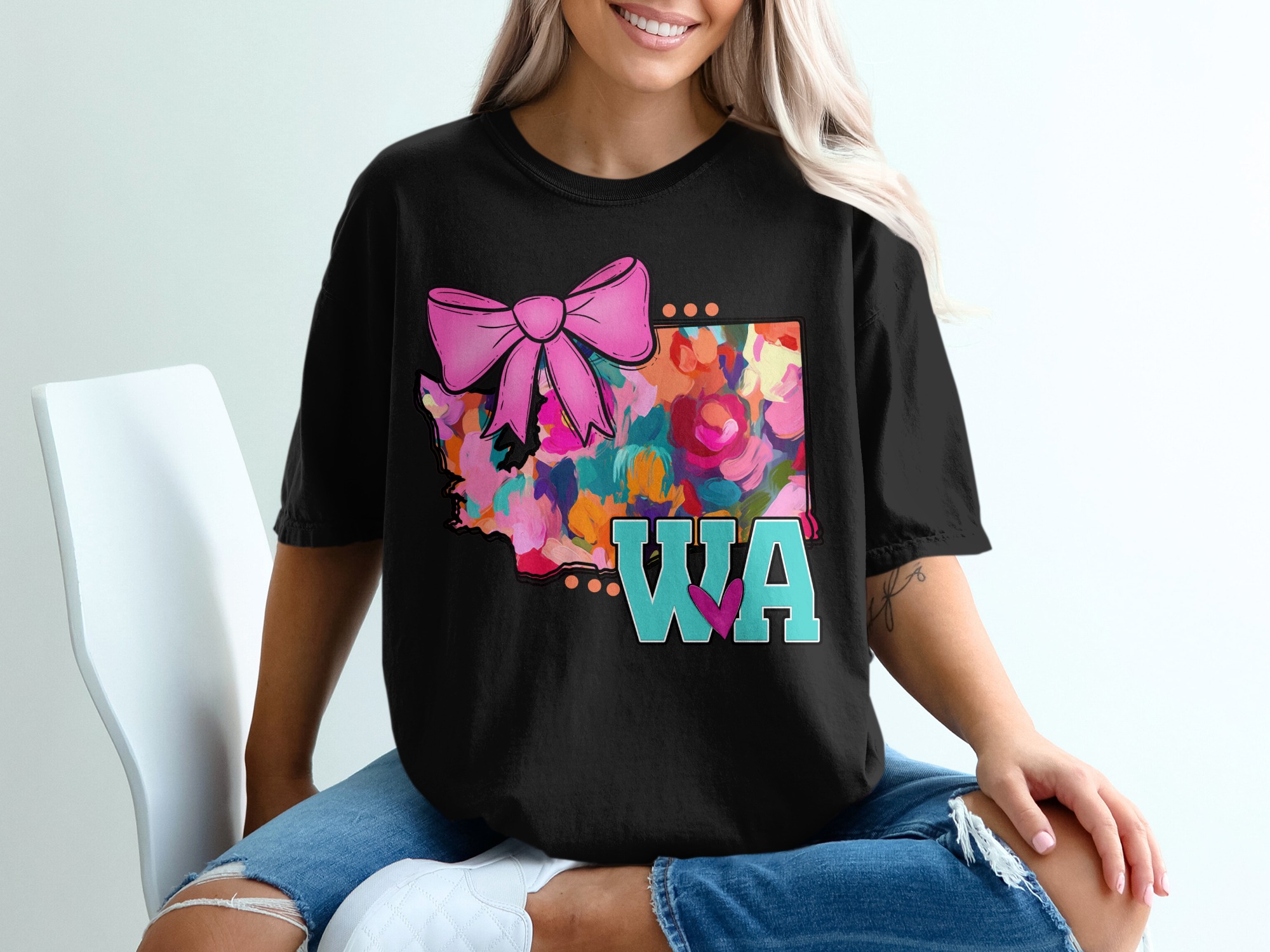 Washington State T-Shirt, WA State Pride, Floral State Map, Cute Bow Tee, State Souvenir, Gift for Washingtonian, USA State T-Shirt - Image 2