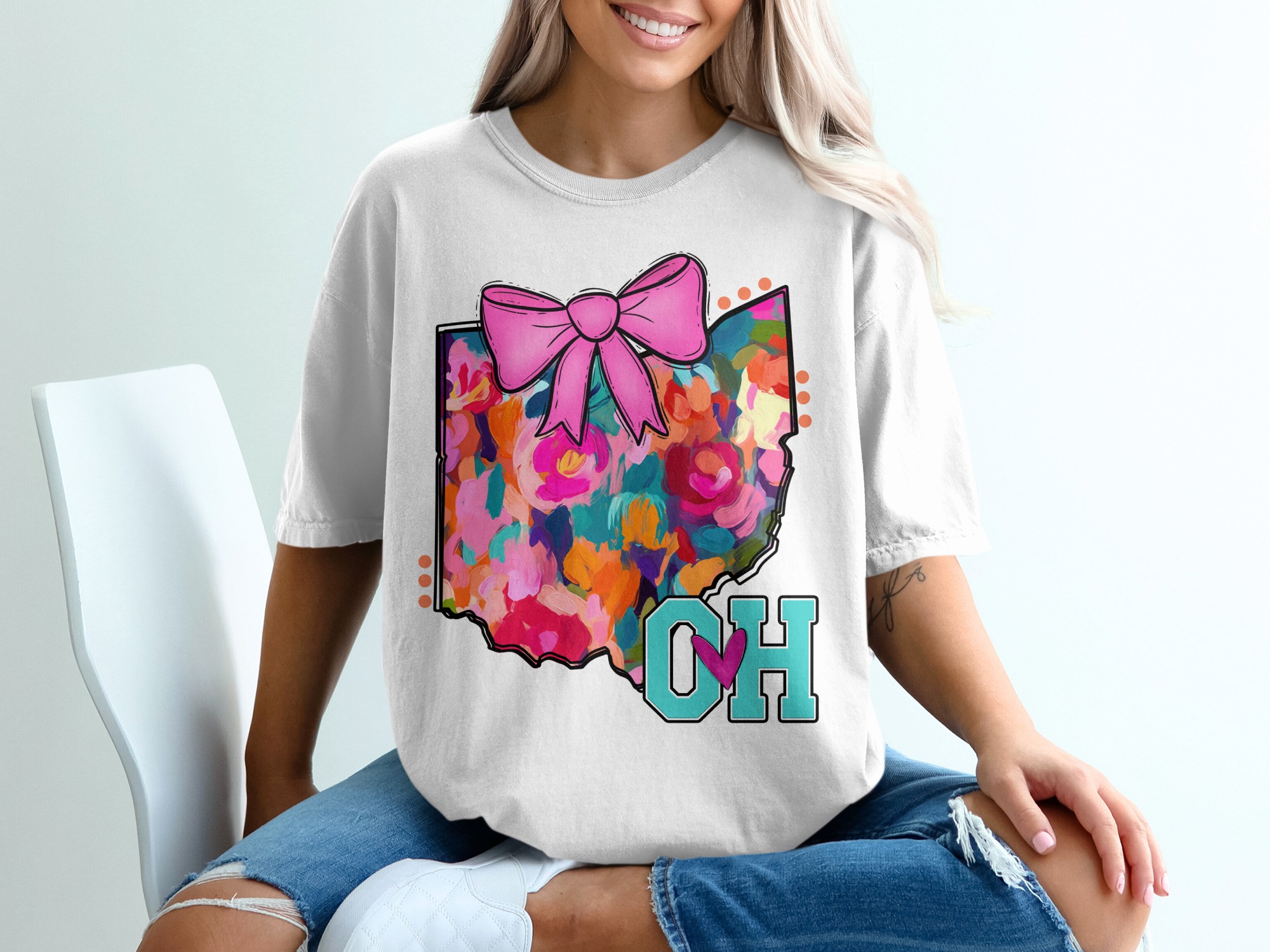 Ohio State Pride T-Shirt, Floral Design, Pink Bow, OH Love, USA State Tee, Souvenir Gift, Trending T Shirt