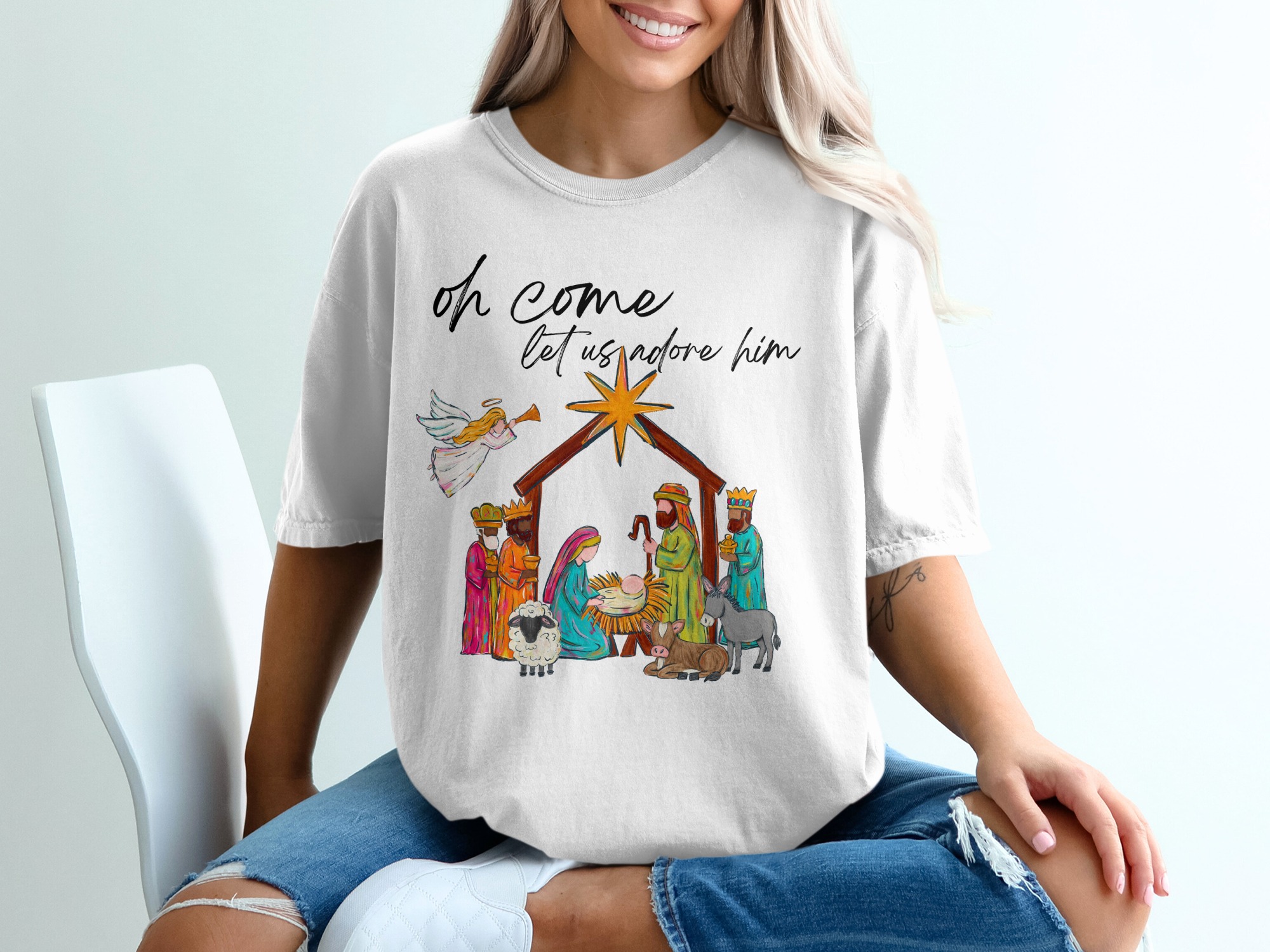 Oh Come Let Us Adore Him T-Shirt, Nativity Scene Tee, Christmas T-Shirt, Holiday Apparel, Christian T-Shirt, Religious Gift