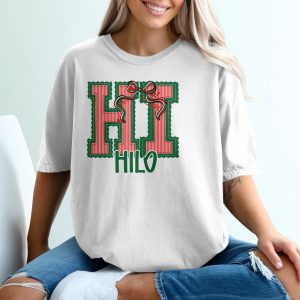 PERSONALIZED Hawaii HILO Christmas T-Shirt, Festive Holiday Tee with Red Green Stripe, Custom Stitched Bow Design, Unique Gift