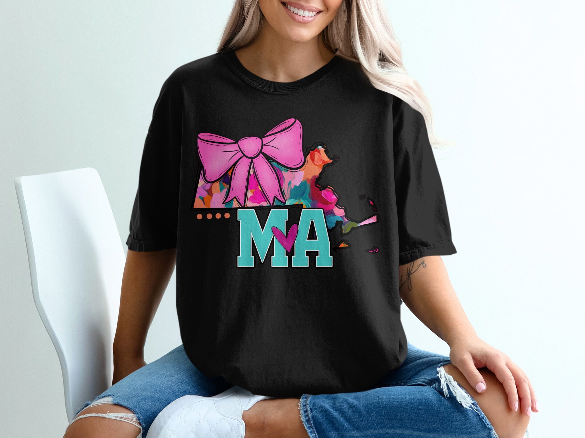 Massachusetts T Shirt, MA State Pride, Heart State T-Shirt, Cute Bow T-Shirt, Vibrant MA T-Shirt, New England T-Shirt, MA Lover T-Shirt - Image 2