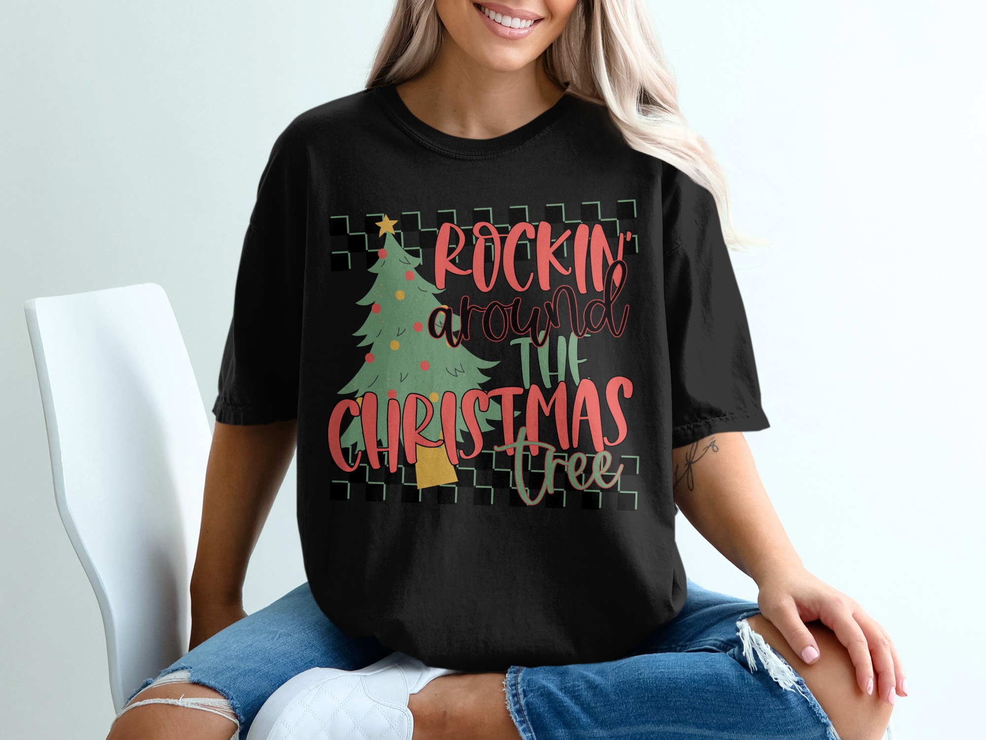 Rockin Around Christmas Tree T-Shirt, Holiday Shirt, Festive Xmas Tee, Checkerboard, Christmas Tree Design, Gift for Christmas - Image 2