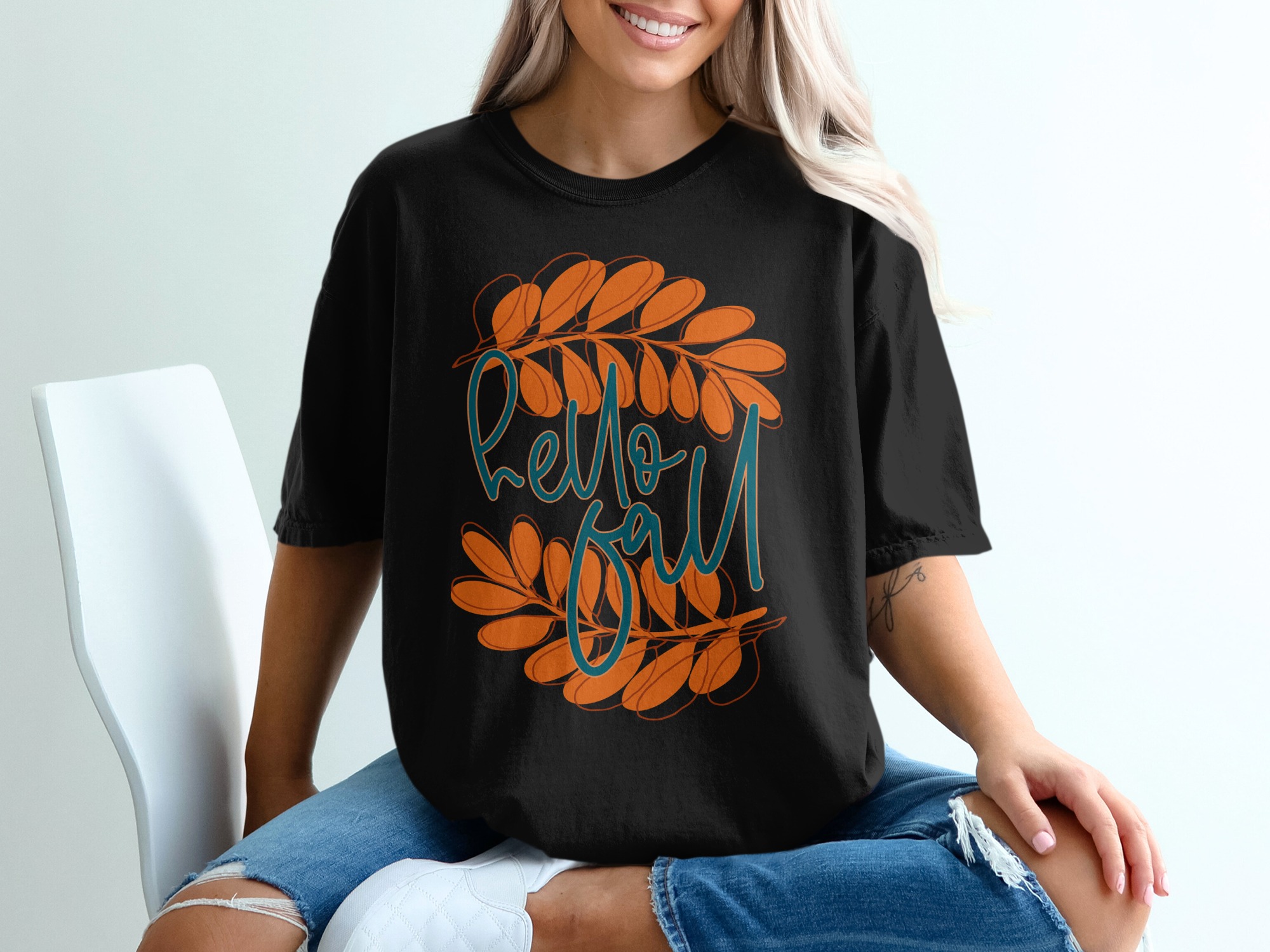 Hello Fall T-Shirt, Autumn Leaves Shirt, Seasonal Tee, Cute Fall Graphic, Thanksgiving Shirt, Fall Apparel, Trendy Design, Comfortable Tee - Image 2