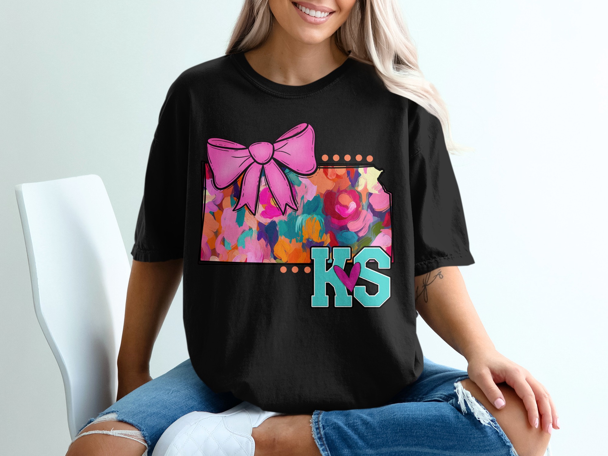 Kansas T-Shirt, State Pride Apparel, Bow Tee, KS Heart Shirt, Colorful Graphic T Shirt, Kansas Gift, T-Shirt for Kansans, State Love Tee - Image 2