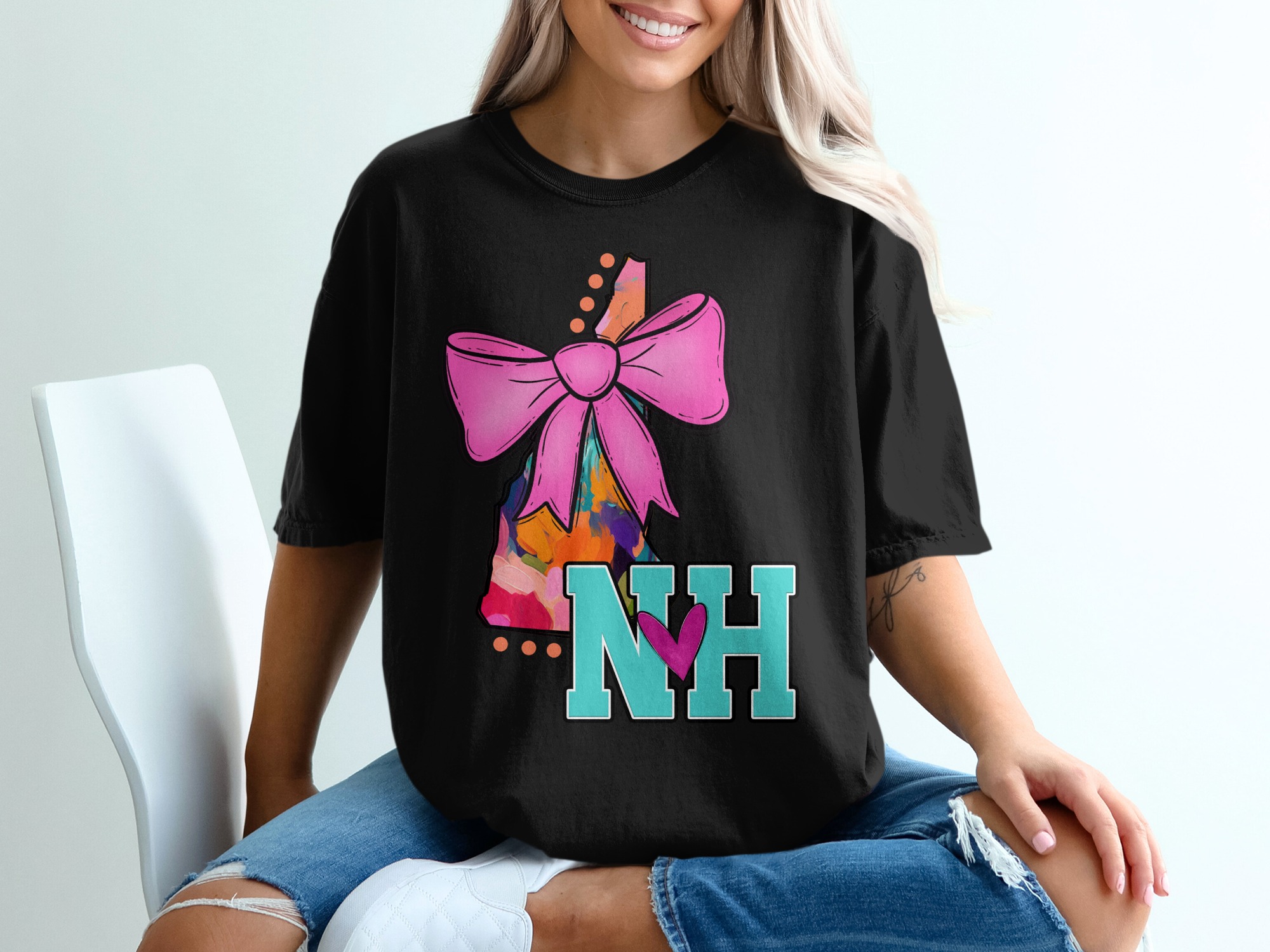New Hampshire T-Shirt, Colorful NH State, Pink Bow, NH Heart Tee, State Pride, Trendy T-Shirt, Souvenir T-Shirt, Vacation T-Shirt - Image 2
