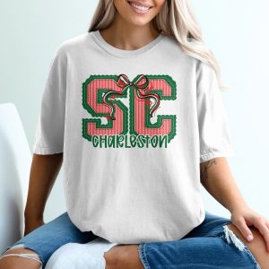 PERSONALIZED Charleston SC Christmas T-Shirt, South Carolina Holiday Apparel, Collegiate Varsity Style Tee, Custom Preppy Bow Gift