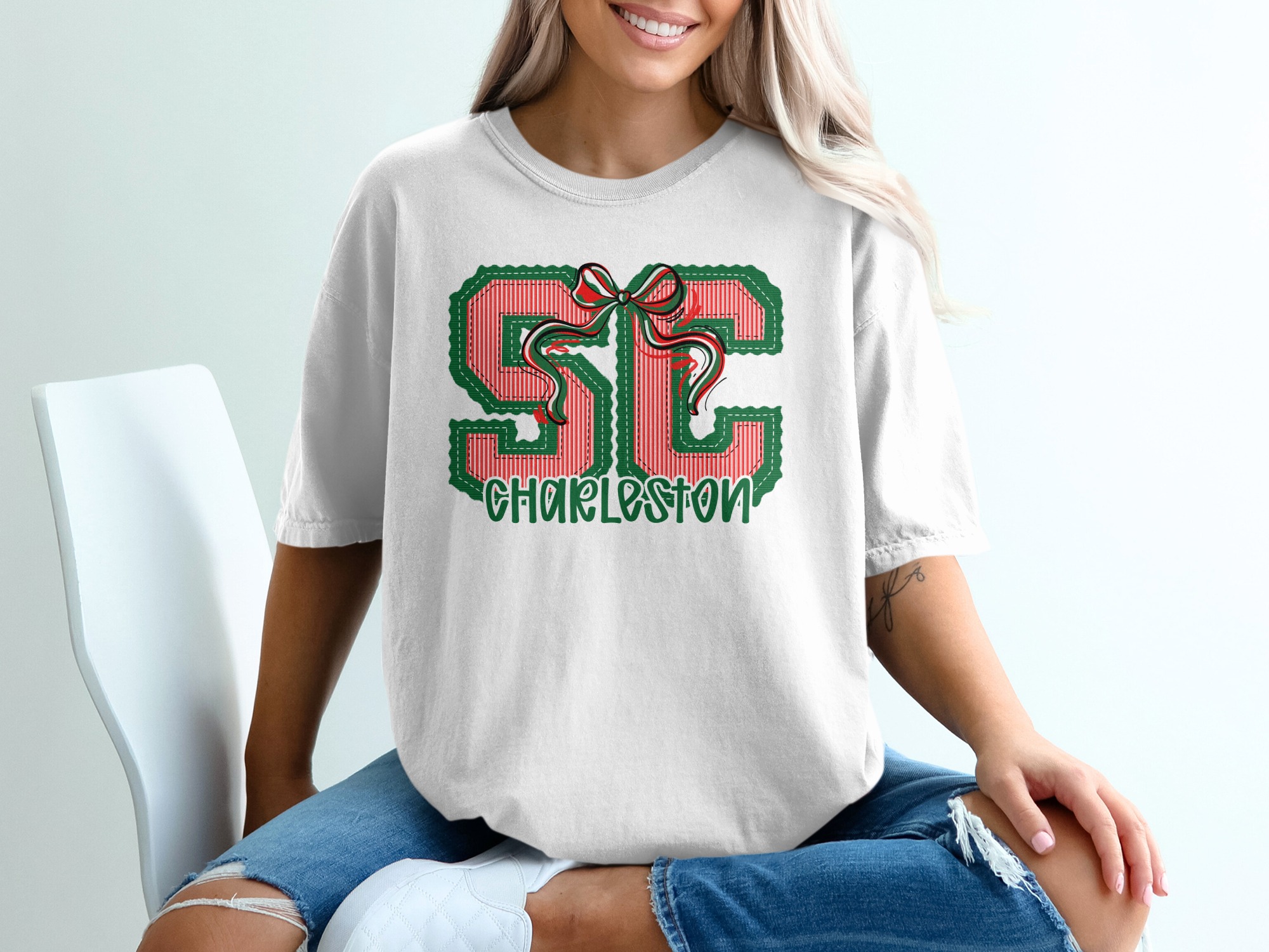 PERSONALIZED Charleston SC Christmas T-Shirt, South Carolina Holiday Apparel, Collegiate Varsity Style Tee, Custom Preppy Bow Gift