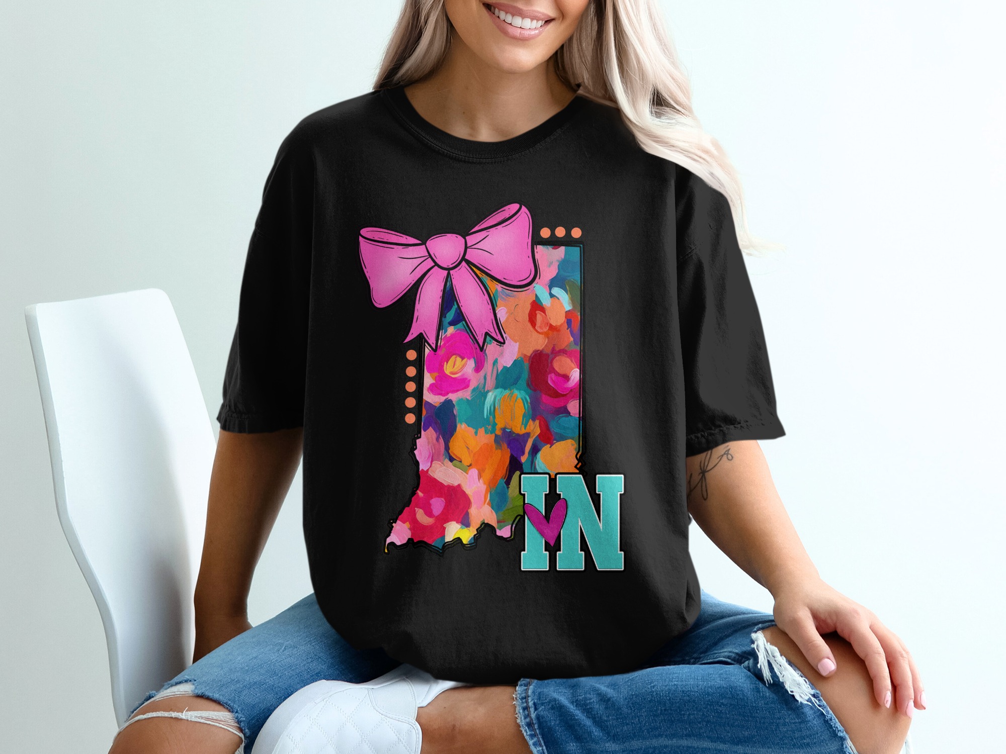 Indiana Floral State T-Shirt, Bow T-Shirt, Indiana T-Shirt, State Pride T-Shirt, Floral Design T-Shirt, Gift for Hoosiers - Image 2
