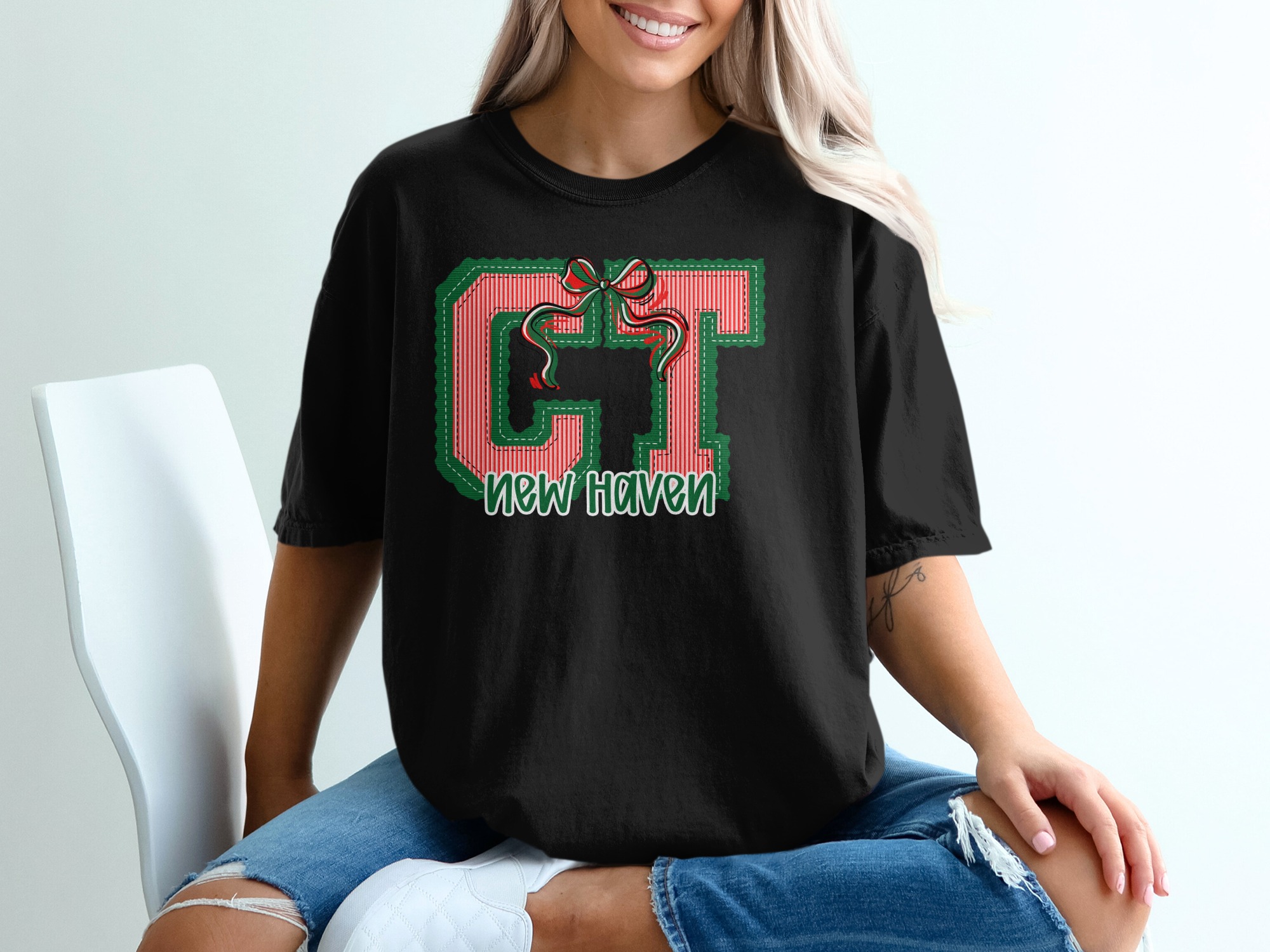 PERSONALIZED CT New Haven Christmas T-Shirt, Custom Connecticut Collegiate Style Tee, Holiday Bow Striped Design Shirt - Image 2