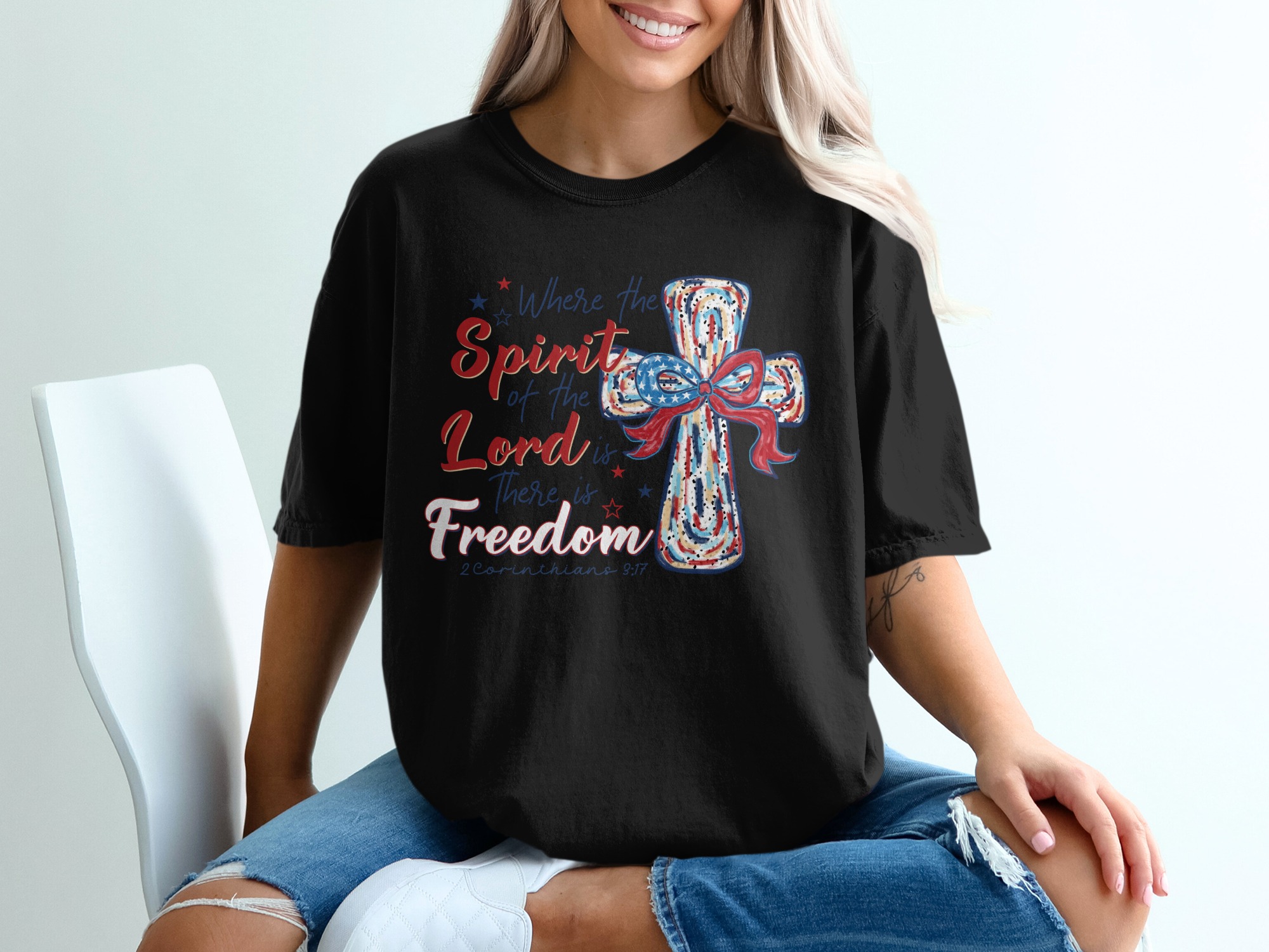 Patriotic Christian T-Shirt, Spirit of Lord Freedom Tee, Religious USA Flag Cross T Shirt, Bible Verse T Shirt, Unisex Graphic Tee - Image 2