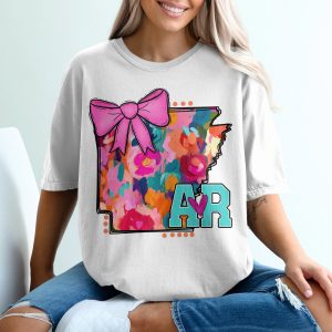 Arkansas State T-Shirt, Floral Art, Pink Bow, AR Pride, Colorful State Tee, Cute Design, Southern Charm, Trendy T-Shirt