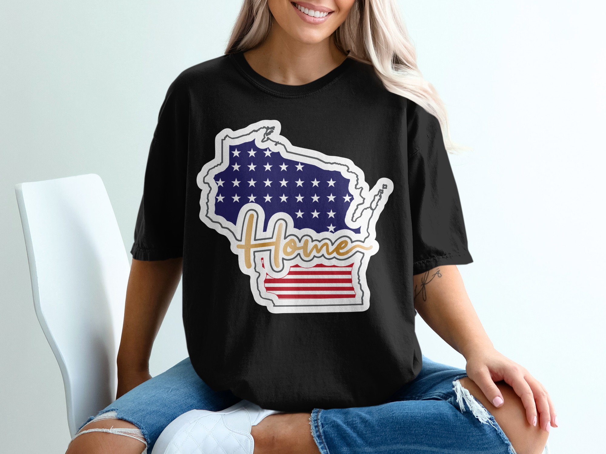 Wisconsin Home T-Shirt, Patriotic State Pride Tee, USA Flag Stars and Stripes, Gift for Wisconsinite, Hometown Love Apparel - Image 2