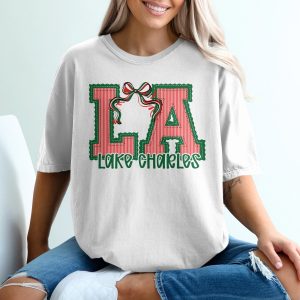 PERSONALIZED LA Lake Charles T-Shirt, Louisiana Christmas Tee, Festive Holiday Outfit, Striped Bow Design Top, Xmas Vacation Souvenir