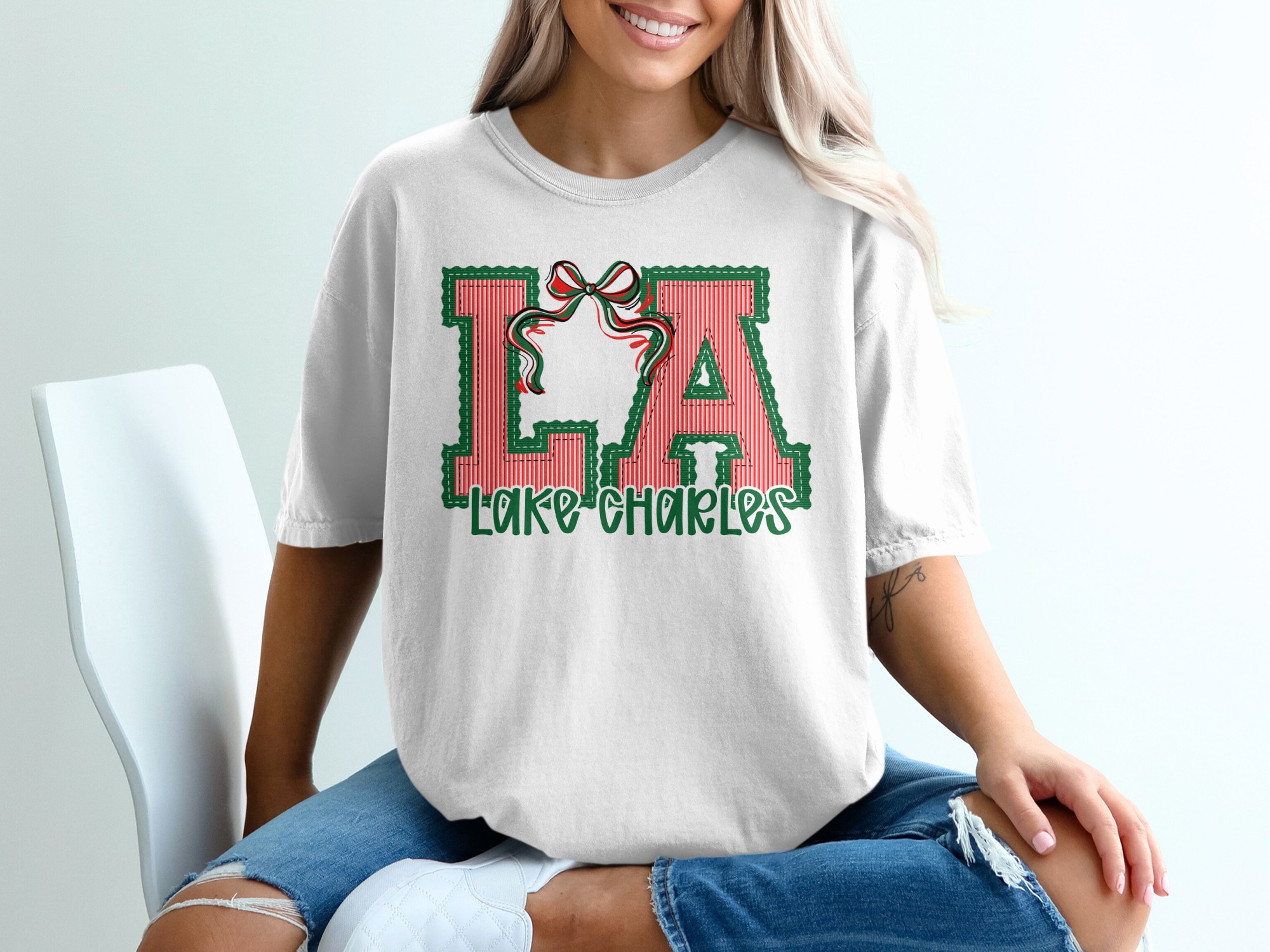 PERSONALIZED LA Lake Charles T-Shirt, Louisiana Christmas Tee, Festive Holiday Outfit, Striped Bow Design Top, Xmas Vacation Souvenir