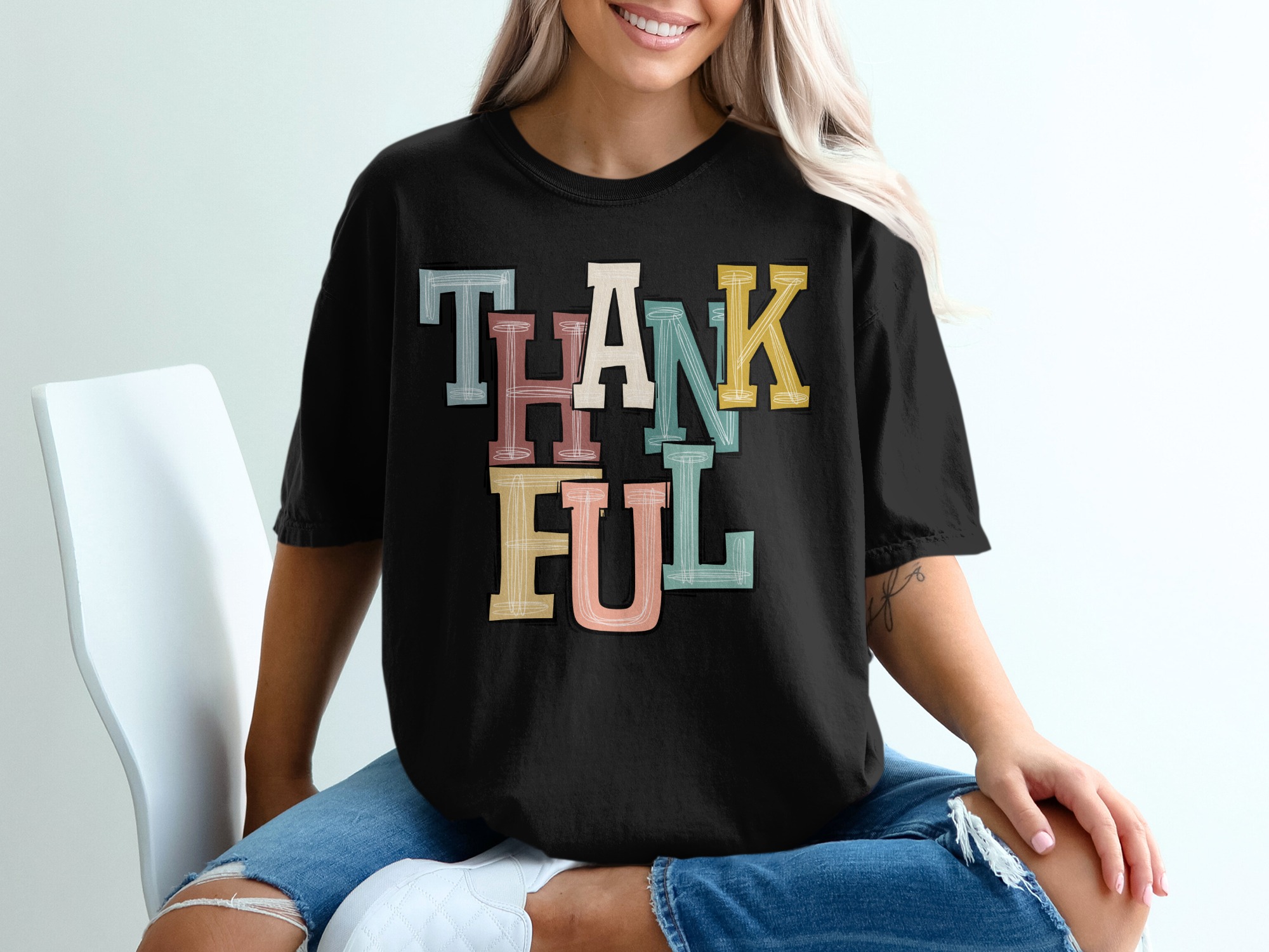 Thankful Bold Letters Design for Autumn Thanksgiving T-Shirt - Image 2