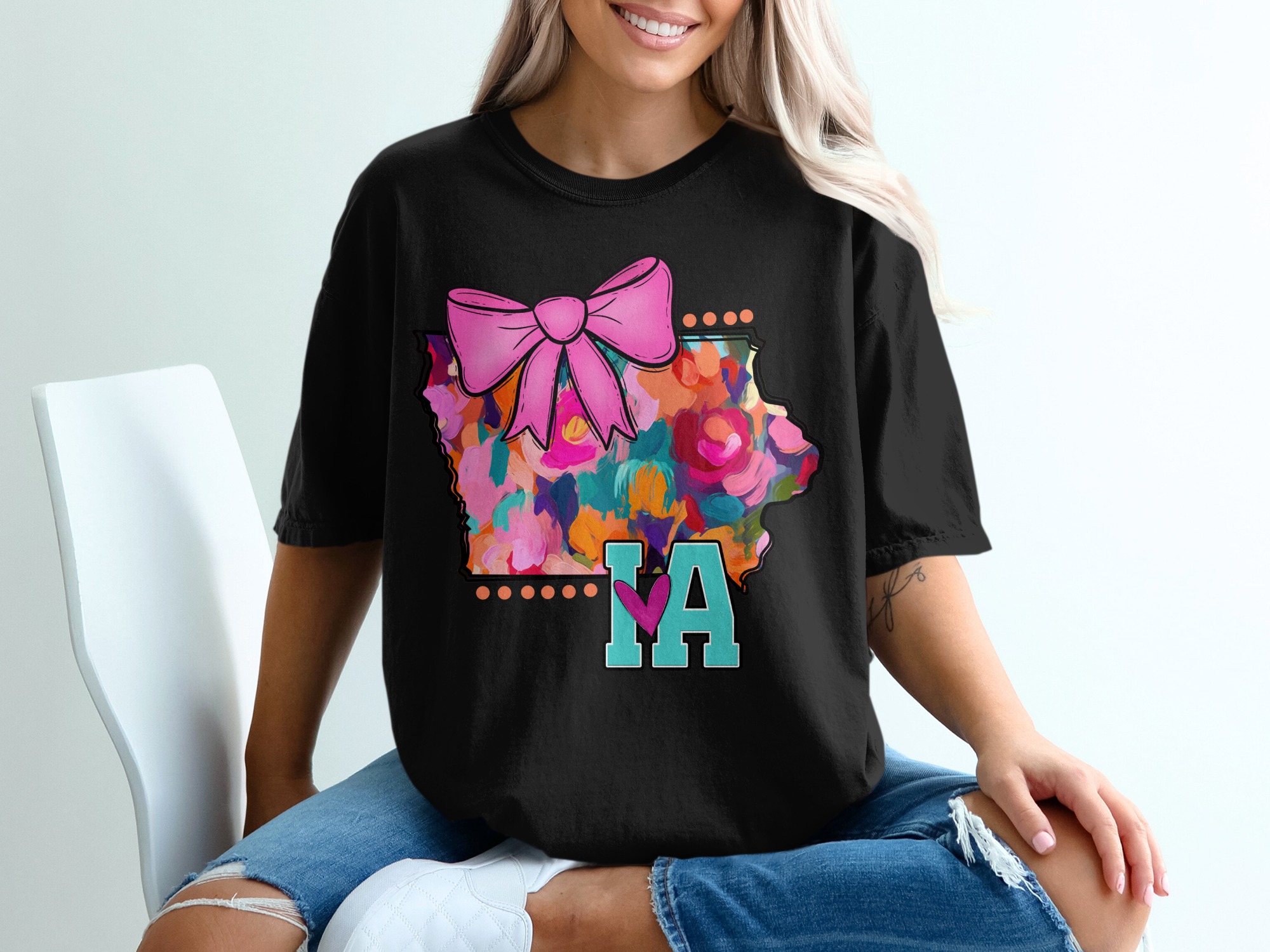 Iowa T-Shirt, Floral State Tee, Pink Bow Shirt, Cute Iowa Shirt, IA State T Shirt, Iowa Gift, Graphic Tee, USA Travel Shirt - Image 2