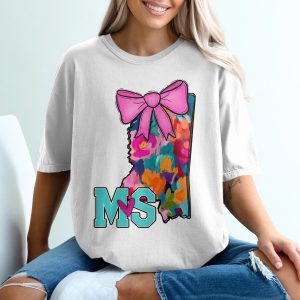 Mississippi Floral Bow T-Shirt, MS State Pride, Southern Charm, Colorful Design, Unique T Shirt, Gift Idea, Artsy Tee