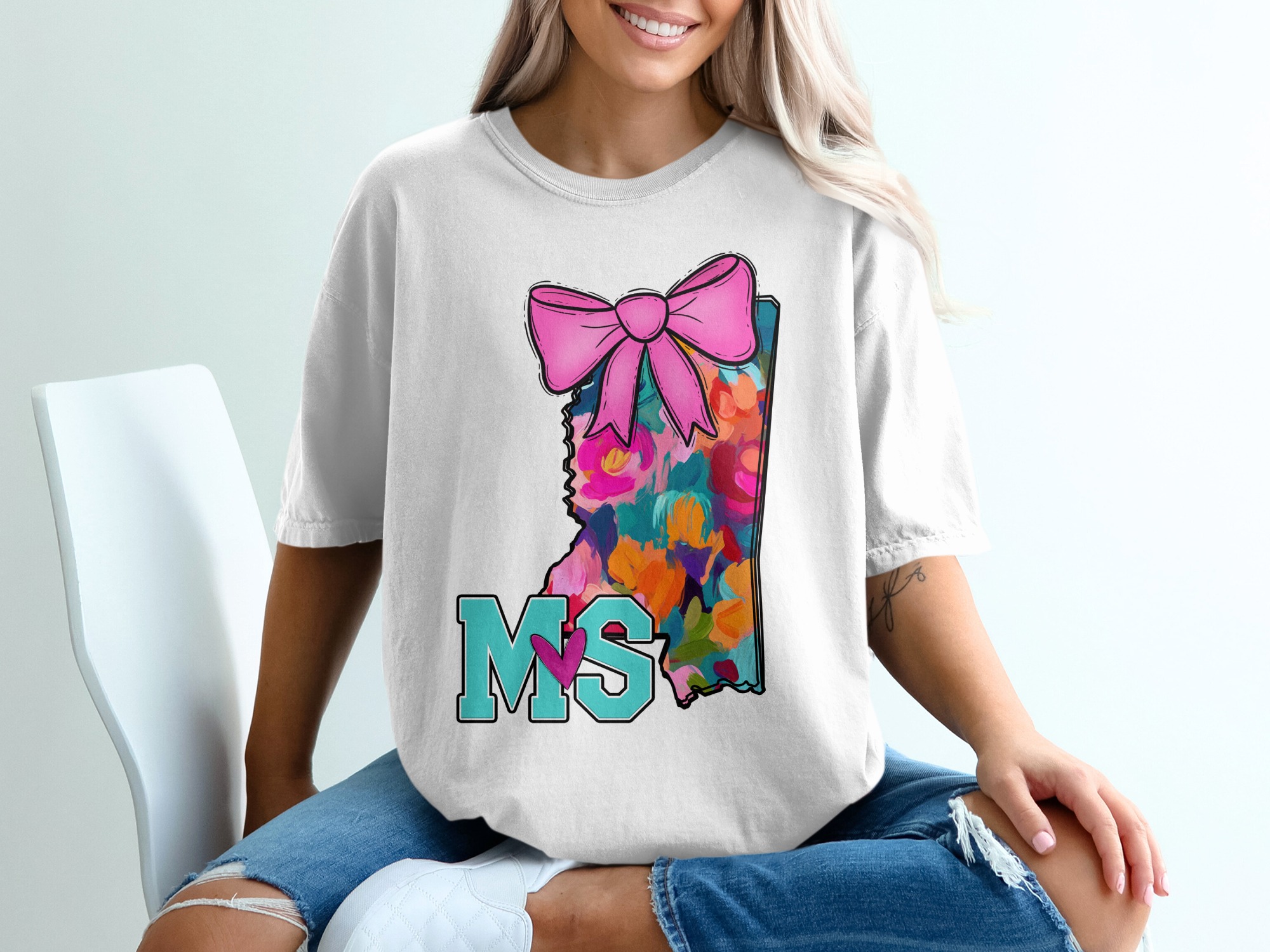 Mississippi Floral Bow T-Shirt, MS State Pride, Southern Charm, Colorful Design, Unique T Shirt, Gift Idea, Artsy Tee