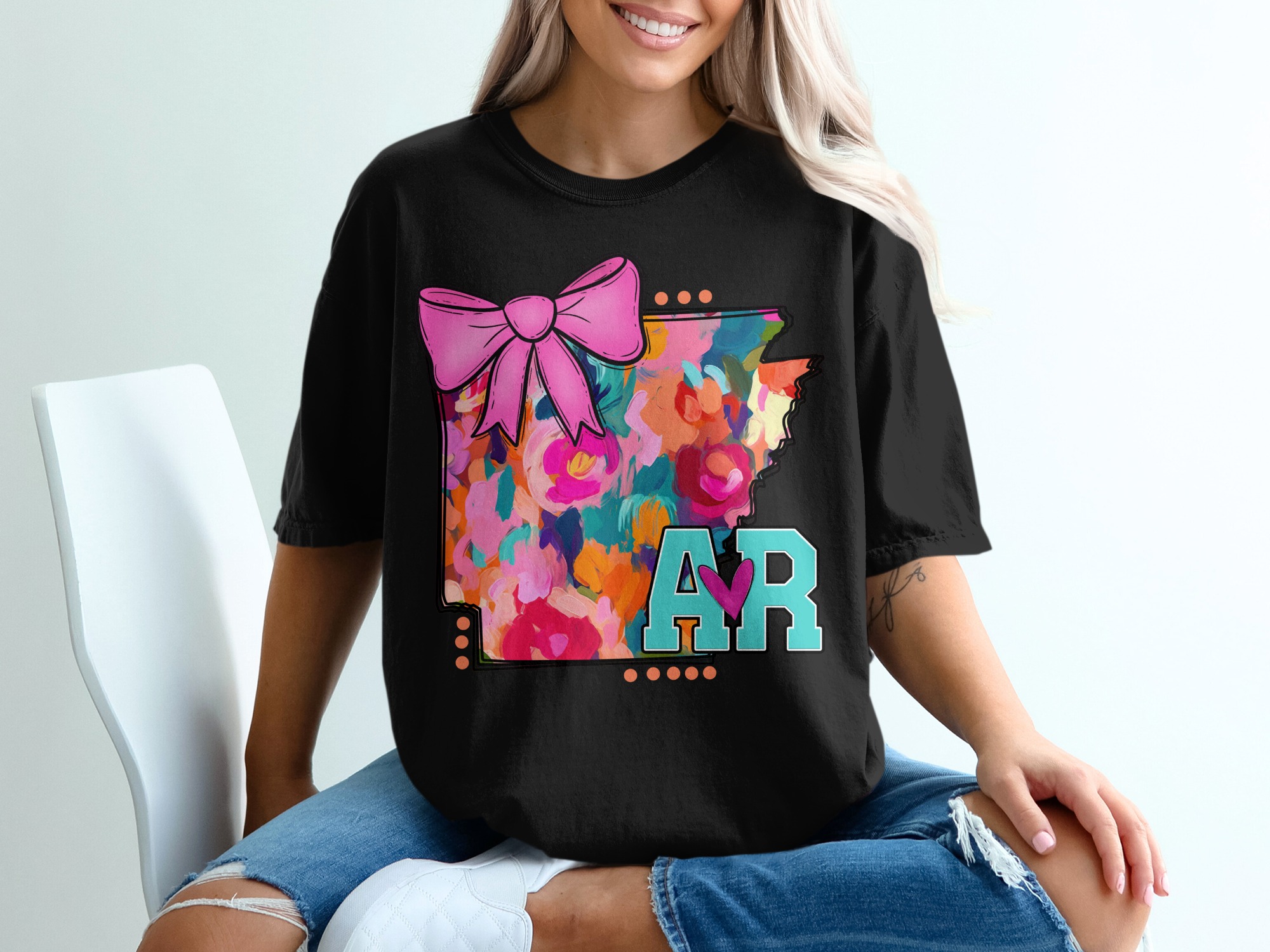 Arkansas State T-Shirt, Floral Art, Pink Bow, AR Pride, Colorful State Tee, Cute Design, Southern Charm, Trendy T-Shirt - Image 2