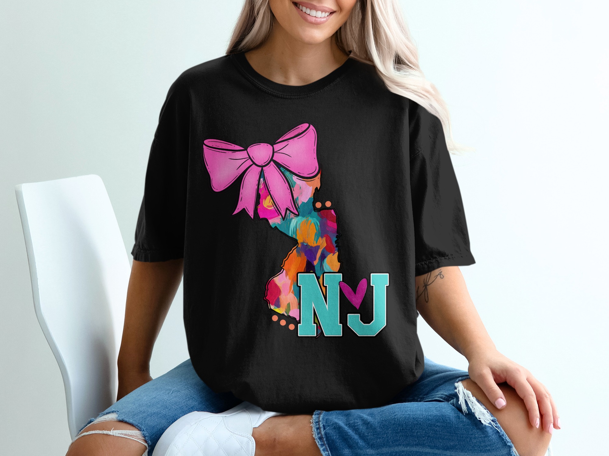 New Jersey T-Shirt, Bow Shirt, NJ Heart, Colorful NJ State, Gift Idea, Trendy Tee, Unique Gift, State Pride Shirt, Cute T-Shirt - Image 2