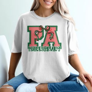 PERSONALIZED Harrisburg PA T-Shirt, Pennsylvania State Pride Tee, Collegiate Style Shirt, Custom Distressed Patch Design, Green Red Bow Top