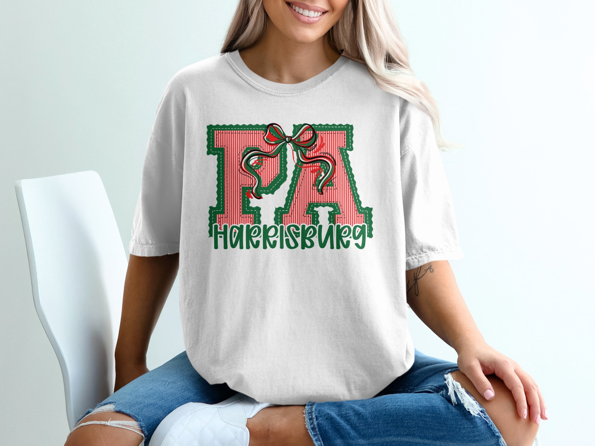 PERSONALIZED Harrisburg PA T-Shirt, Pennsylvania State Pride Tee, Collegiate Style Shirt, Custom Distressed Patch Design, Green Red Bow Top