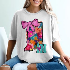 Indiana Floral State T-Shirt, Bow T-Shirt, Indiana T-Shirt, State Pride T-Shirt, Floral Design T-Shirt, Gift for Hoosiers