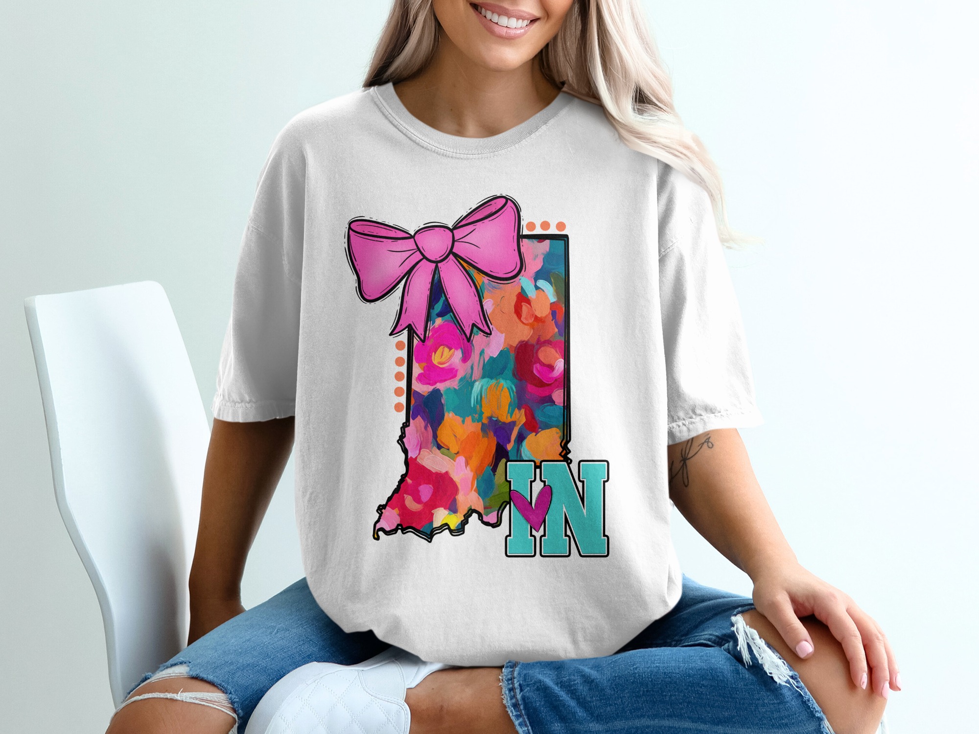 Indiana Floral State T-Shirt, Bow T-Shirt, Indiana T-Shirt, State Pride T-Shirt, Floral Design T-Shirt, Gift for Hoosiers