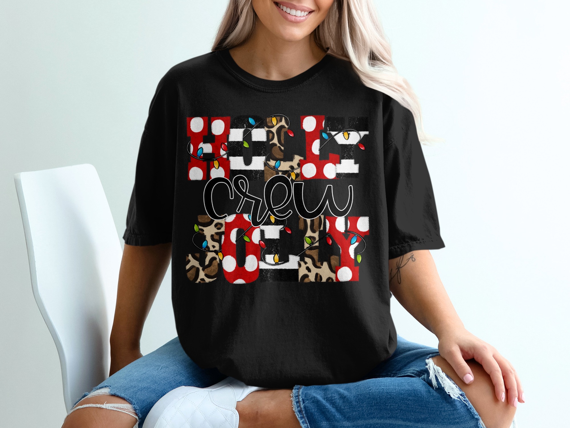 Holy Jolly Crew T-Shirt, Christmas Lights Tee, Holiday Crew Shirt, Festive T-Shirt, Patchwork Christmas Shirt, Family Christmas Tees - Image 2