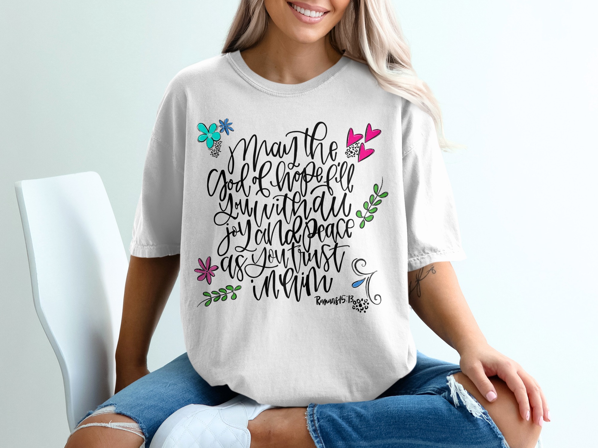 Romans 15 13 T-Shirt, Christian T-Shirt, Floral Heart T-Shirt, Bible Verse T-Shirt, Hope Joy Peace Shirt, Religious T-Shirt