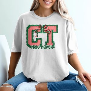 PERSONALIZED CT New Haven Christmas T-Shirt, Custom Connecticut Collegiate Style Tee, Holiday Bow Striped Design Shirt