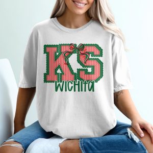 PERSONALIZED KS Wichita Christmas T-Shirt, Applique Style Holiday Bow Design, Striped Lettering, Festive Stitched Look Tee Kansas
