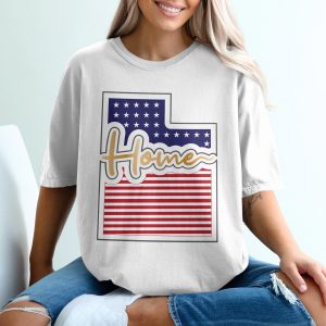 Utah Home T-Shirt, Patriotic State Pride, USA Flag, Golden Home Script, Souvenir Tee, Gift for Utah Lovers, State Outline T-Shirt