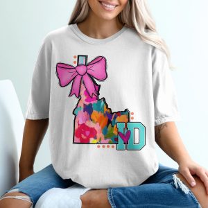 Idaho T-Shirt, State Pride Shirt, Floral Idaho Art Tee, Pink Bow Idaho Shirt, Colorful Idaho Souvenir, Idaho Lover Shirt, Vacation T Shirt