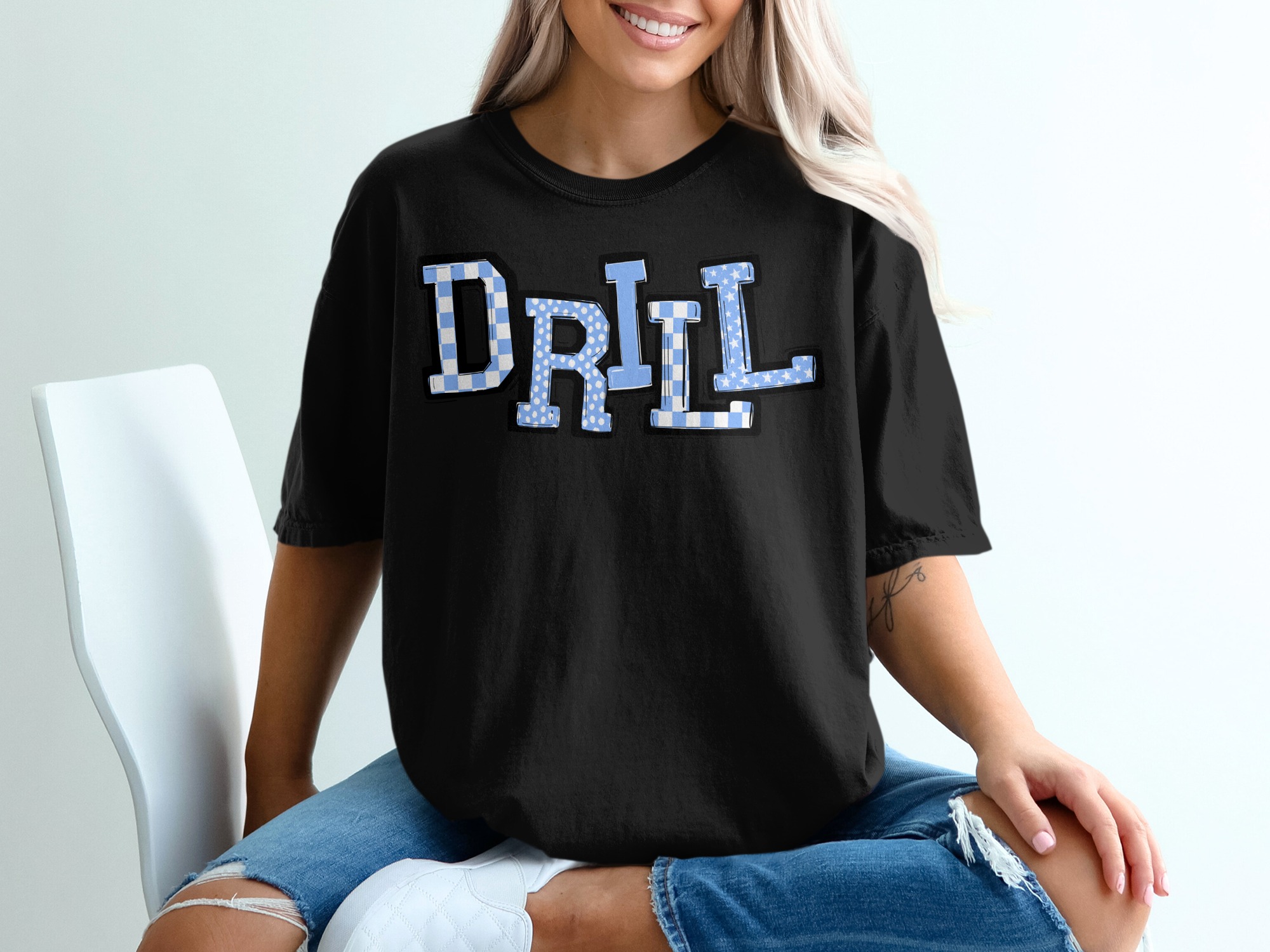 Drill T-Shirt, Varsity Design, Cute Graphic Tee, Trending Now, Unique T Shirt, Blue and White, Fun Apparel, Casual Wear, Best Seller - Image 2