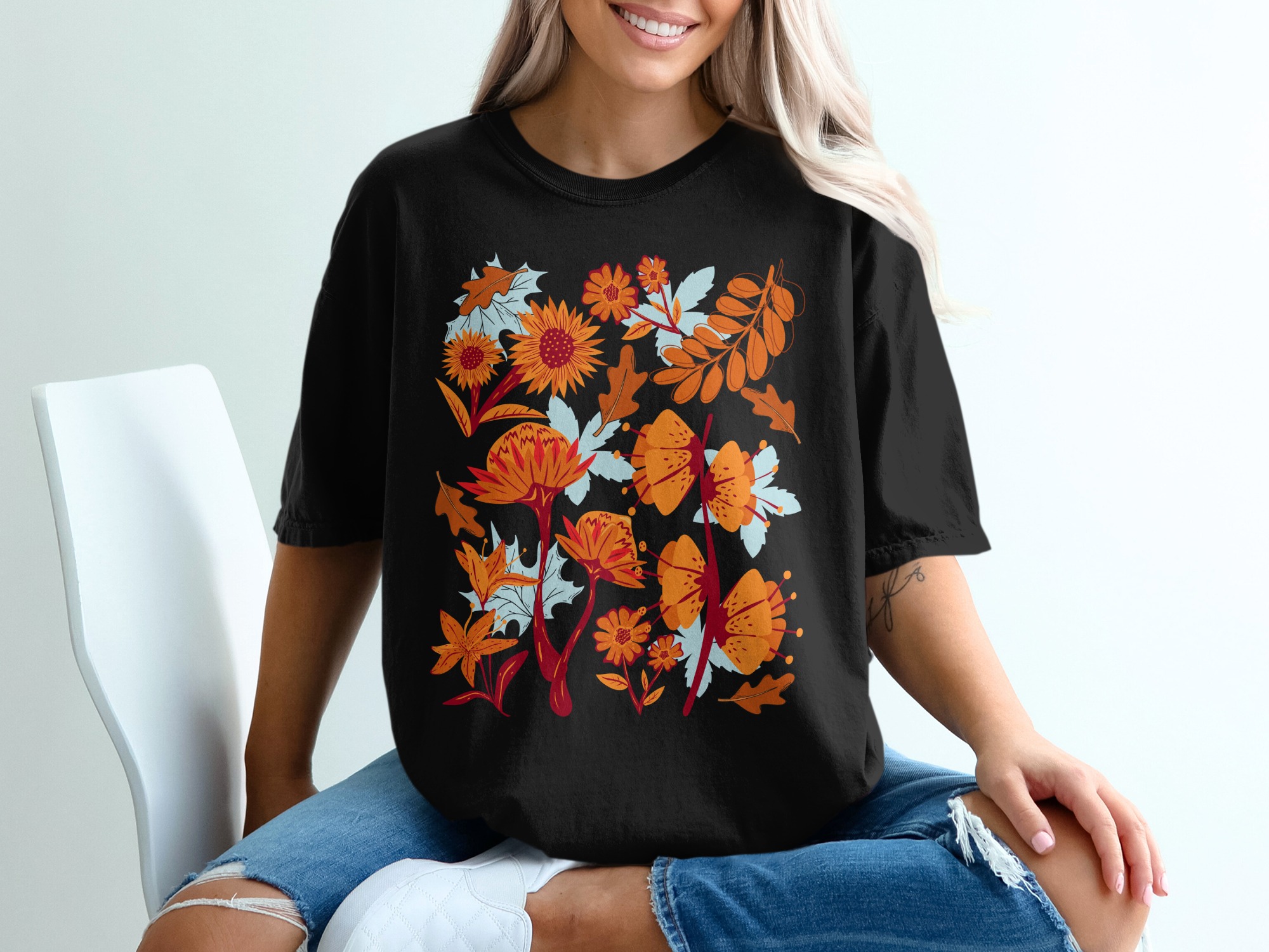 Floral T-Shirt, Fall Flower Tee, Autumn Leaves Shirt, Botanical Print Shirt, Thanksgiving Gift Tee, Harvest Season, Nature Lover T-Shirt - Image 2